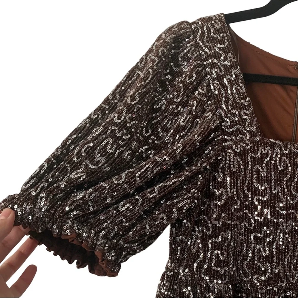 Anthropologie Moon River Women’s Sequin Babydoll‎ Mini Dress Brown Silver Sz S
